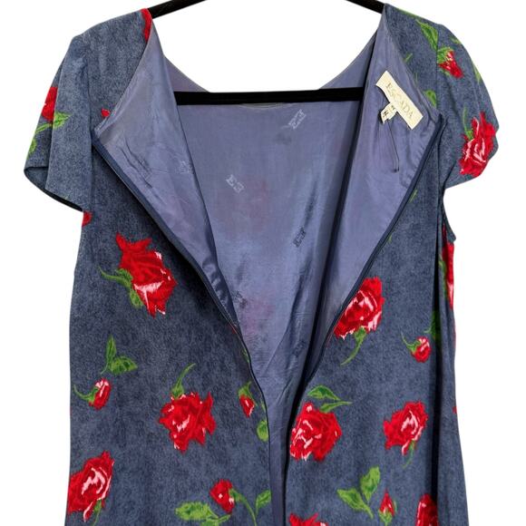 Vintage Escada Size 44 Short Sleeve Midi Dress Blue Rosette Floral Cotttagecore - Picture 6 of 11